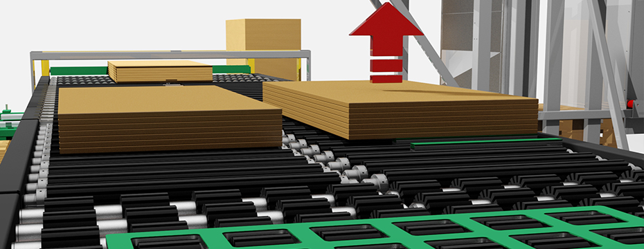lifting from pile to roller conveyor