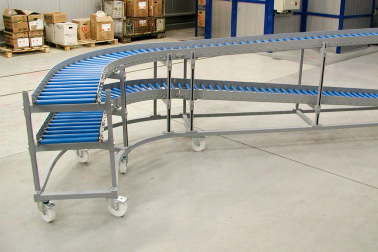 Roller conveyor blue with several levels