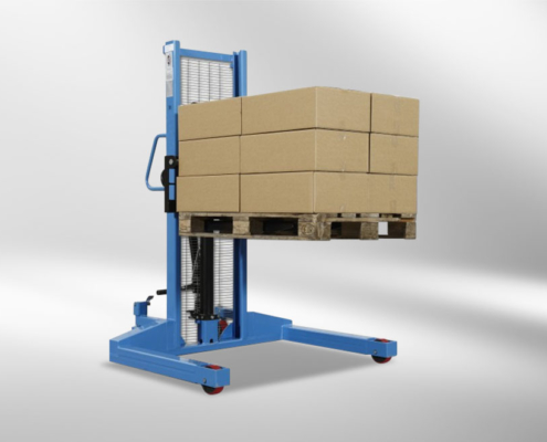 high lift truck transports pallet with packages